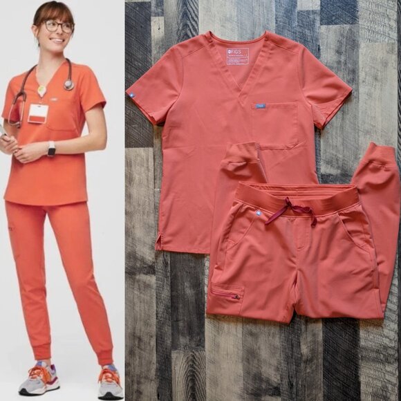 Figs Sunset Orange Set Zamora Joggers & Catarina Scrub Top Small - Picture 1 of 11